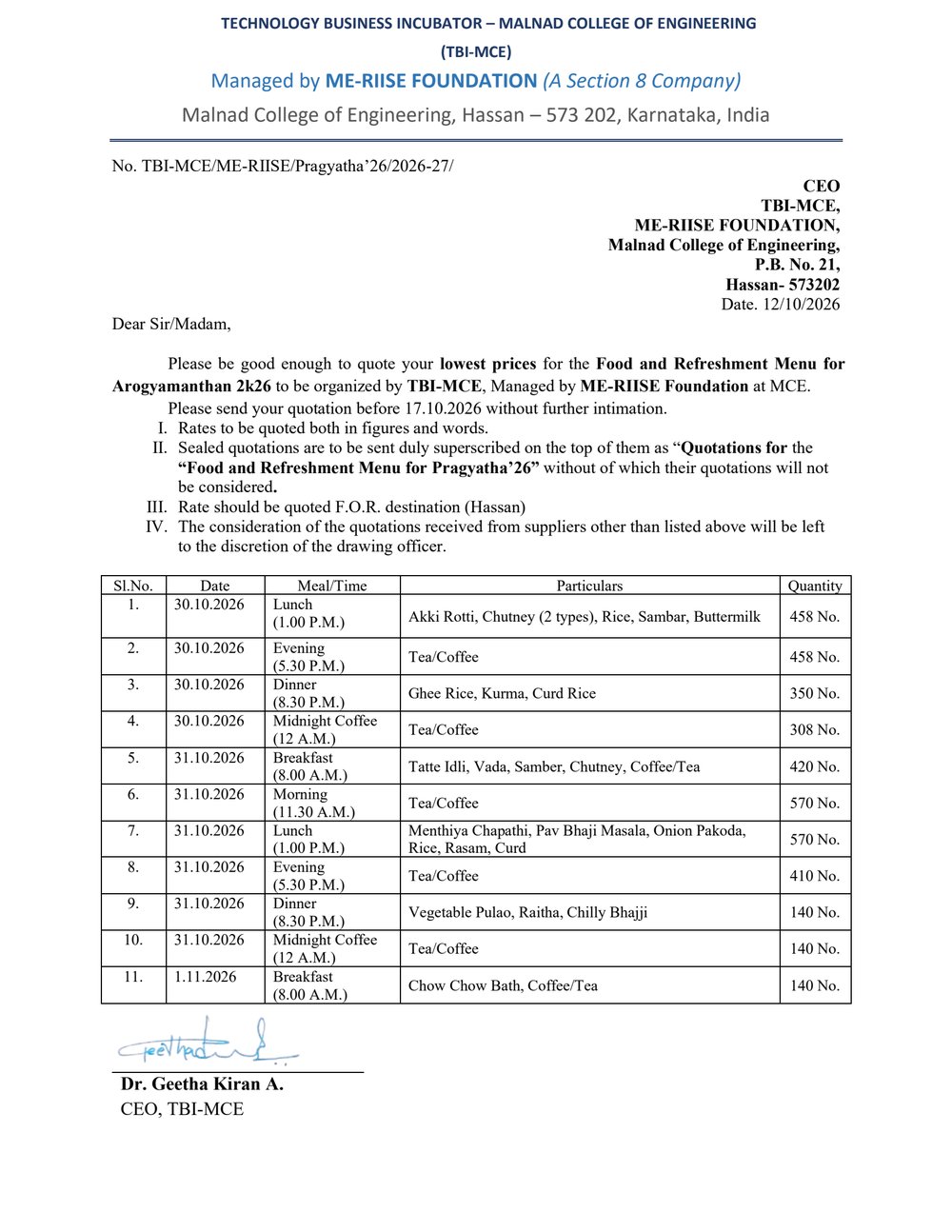 Call for Quotation – Food & Refreshment menu for Pragyatha'26