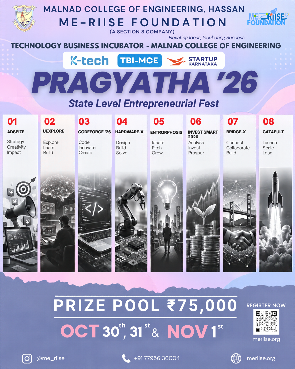 Pragyatha'26 State Level Entrepreneurial Fest poster – Prize Pool ₹75,000, Oct 30-31 & Nov 1